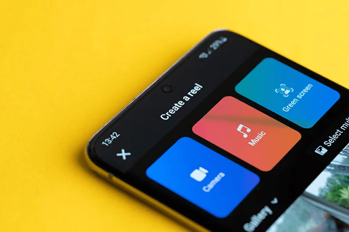 Close-up view of a smartphone screen displaying the Instagram Create a reel menu options