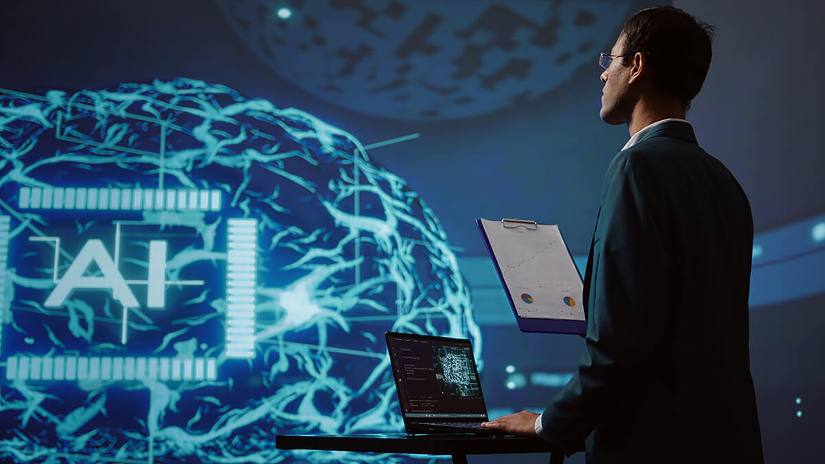 Marketer looking at AI while holding a clipboard and laptop.