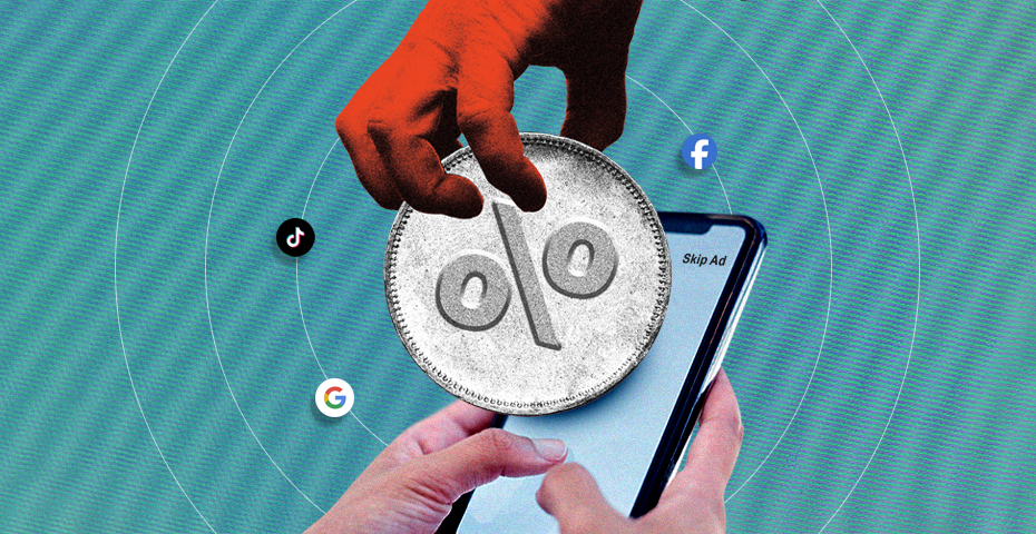 a hand taking the percent icon with a person using a phone