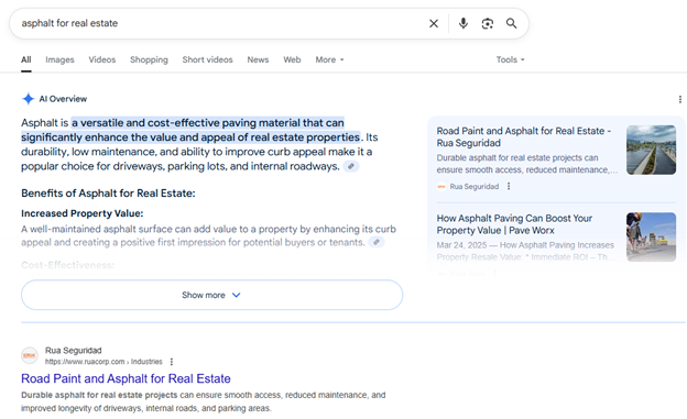 Rua's ai overview on the search results for asphalt for real estate