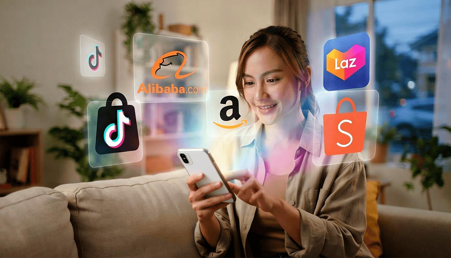 Woman browsing different e-commerce platforms–Lazada, Shopee, Amazon, Tiktok, Alibaba