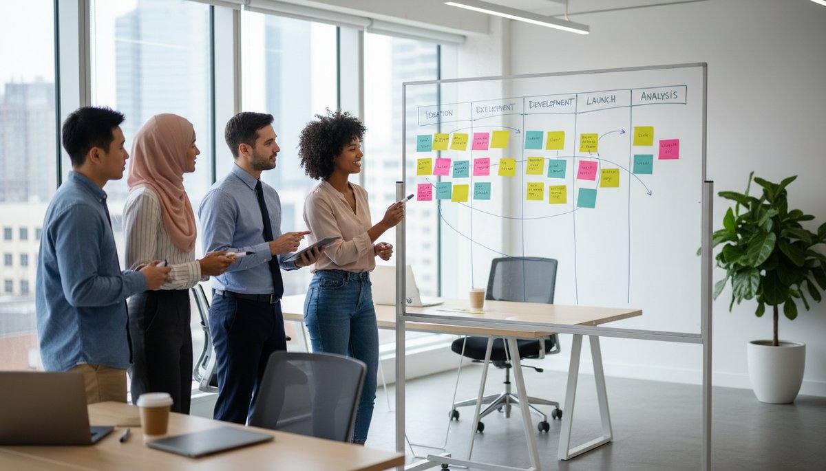 Diverse marketing team brainstorming agile strategies in a modern office.