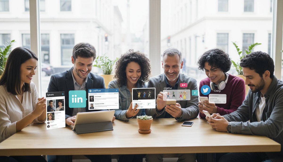 Diverse individuals using social media on various devices to connect and engage.