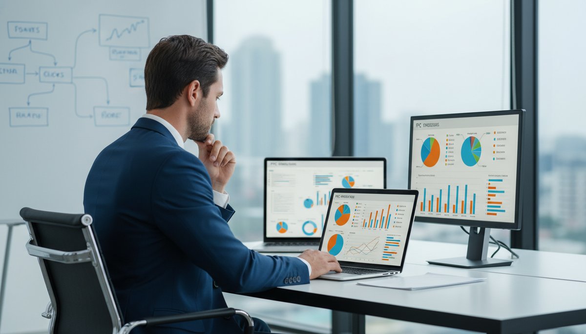 Business professional analyzing PPC metrics on a laptop