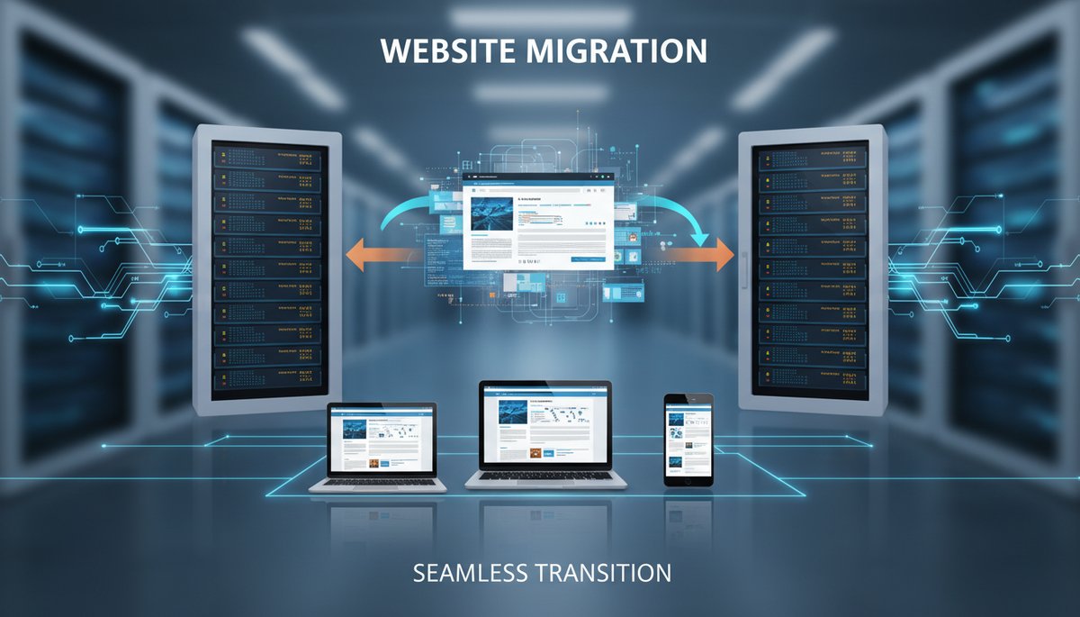 Conceptual image of website migration process with digital devices