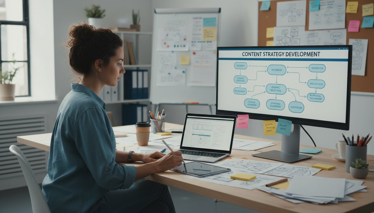 Graphic designer creating a content strategy with sketches and a computer.