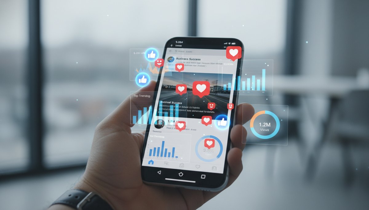 Smartphone displaying social media engagement metrics with hearts and likes.