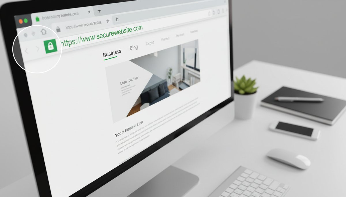 Computer screen showing HTTPS with security padlock symbol