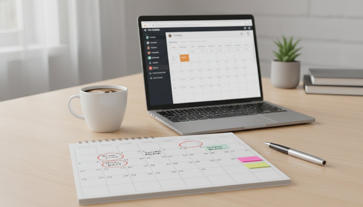 Organized content calendar with scheduled posts and a laptop.