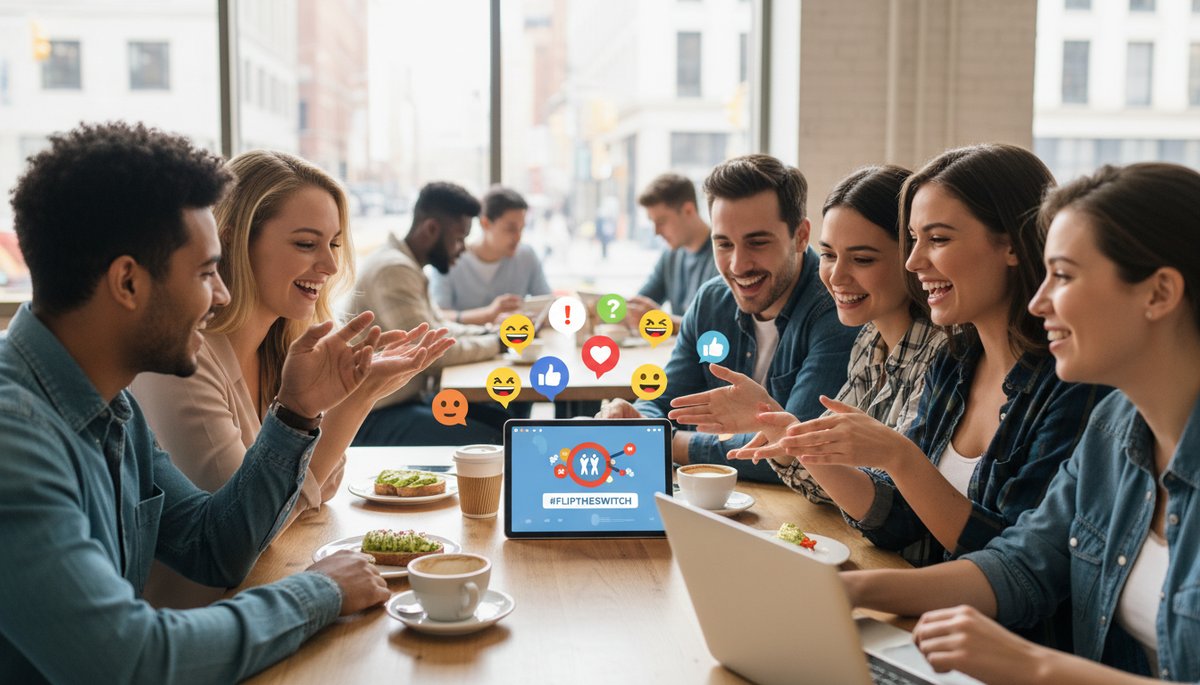 People discussing a trending topic in a vibrant social media context.