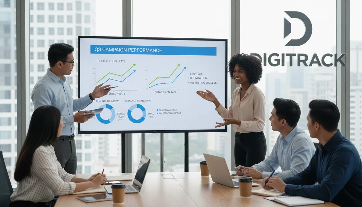 Marketing team discussing click-through rates and strategies