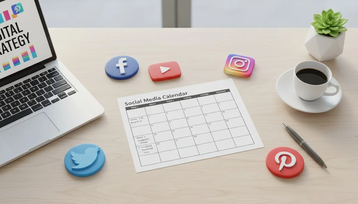 Flat lay of social media icons and a structured calendar template for planning.