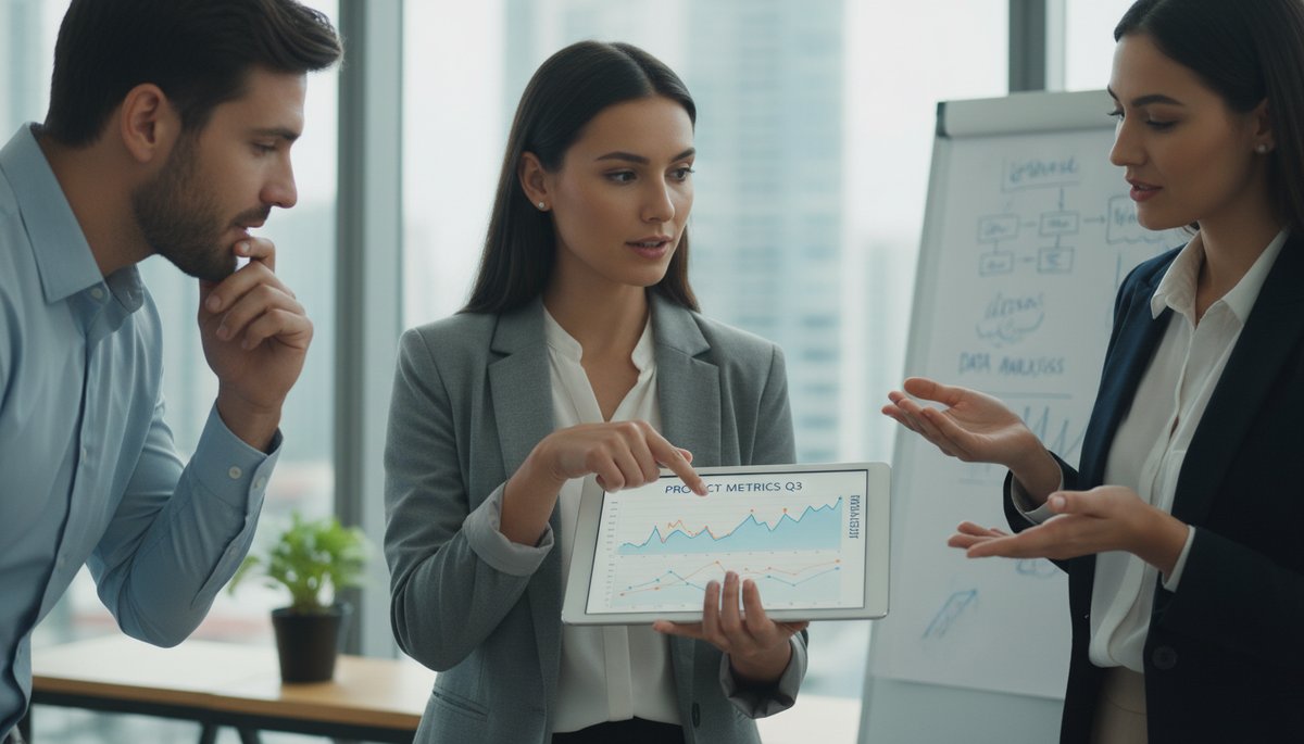 Person reviewing feedback data on a tablet with a team discussion.