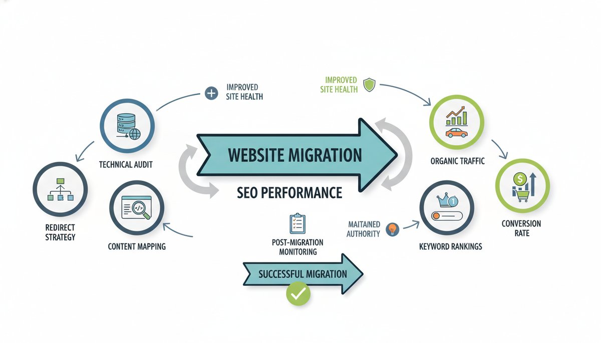 Infographic illustrating SEO metrics affected by website migration