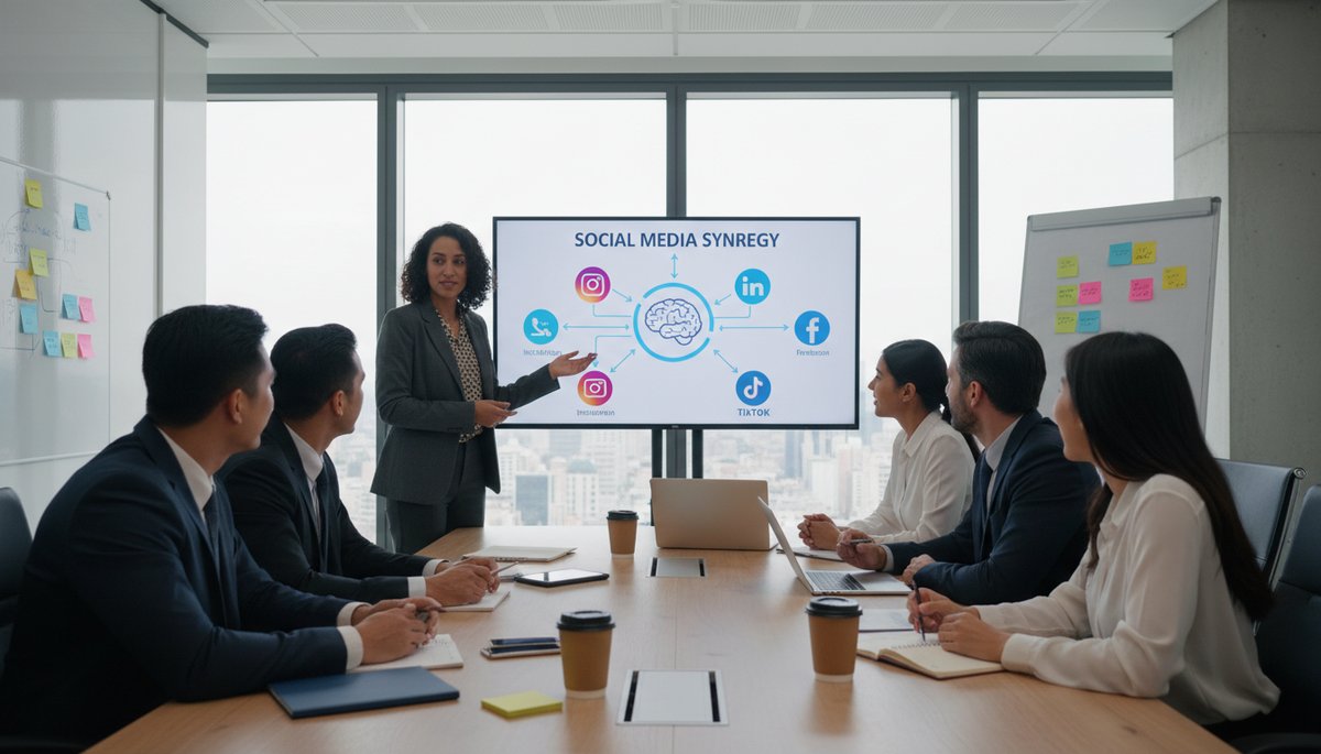 Expert sharing social media strategies in a collaborative environment.