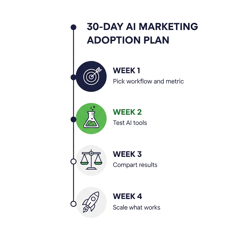 30-day AI marketing adoption plan timeline showing weekly milestones from workflow selection to scaling
