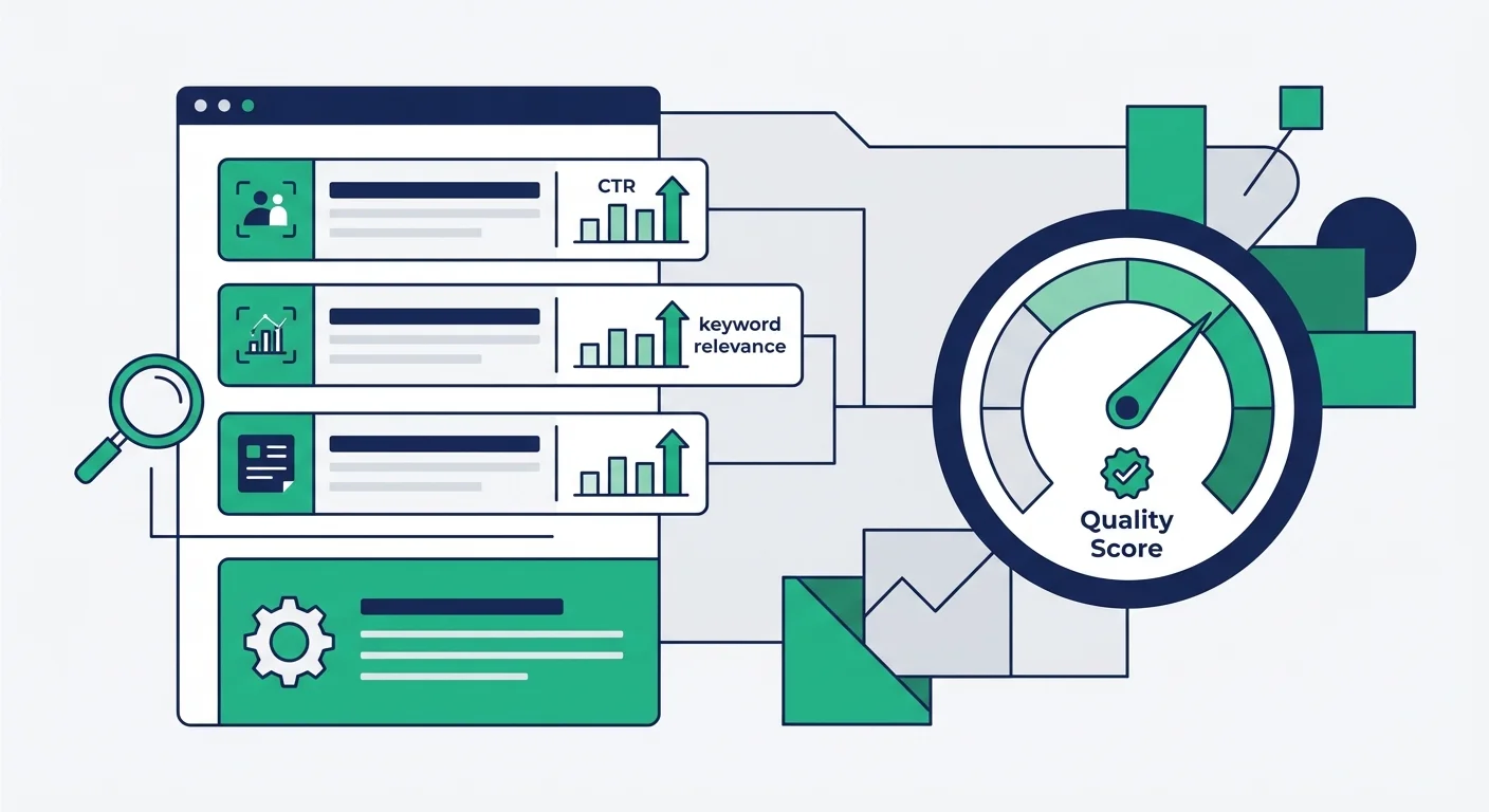 Google Ads optimization showing search results, CTR metrics, and quality score improvements