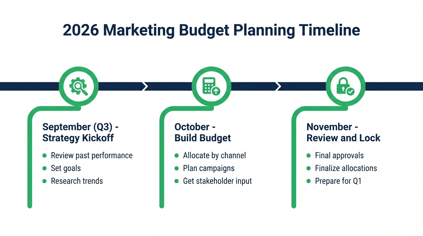 2026 marketing budget planning timeline infographic - September to November planning phases