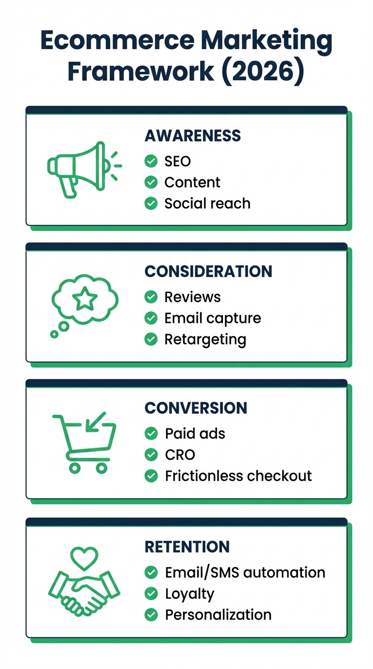 Ecommerce marketing framework infographic with awareness, consideration, conversion, and retention stages