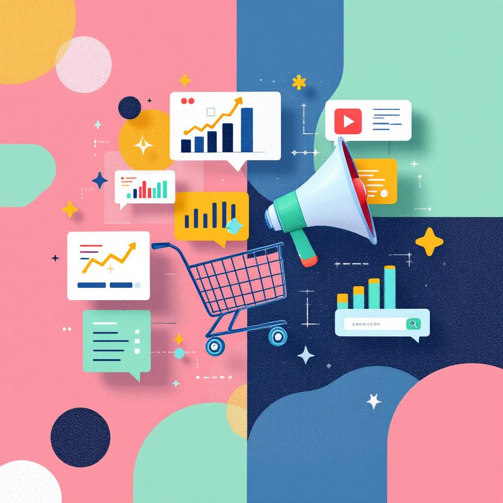 Ecommerce marketing strategy concept with search, ads, and analytics elements