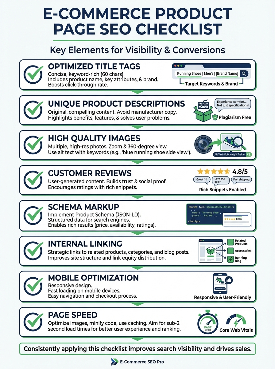 E-commerce product page SEO checklist infographic