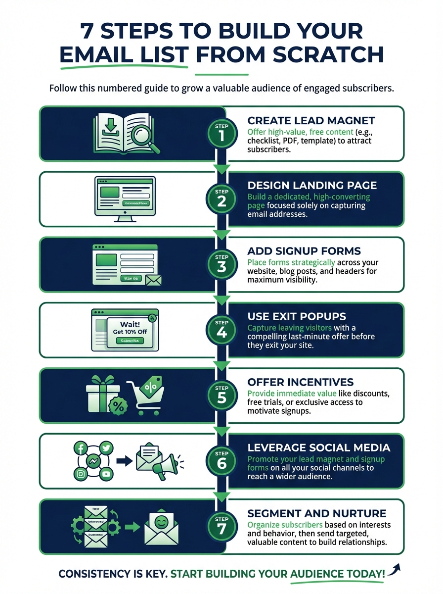 Infographic showing steps to build an email list