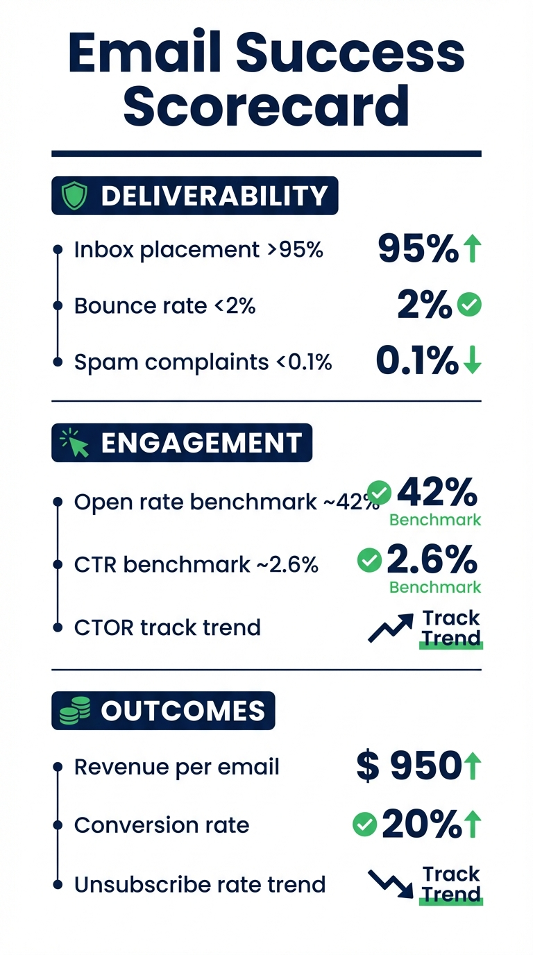 Email success scorecard infographic with key metrics