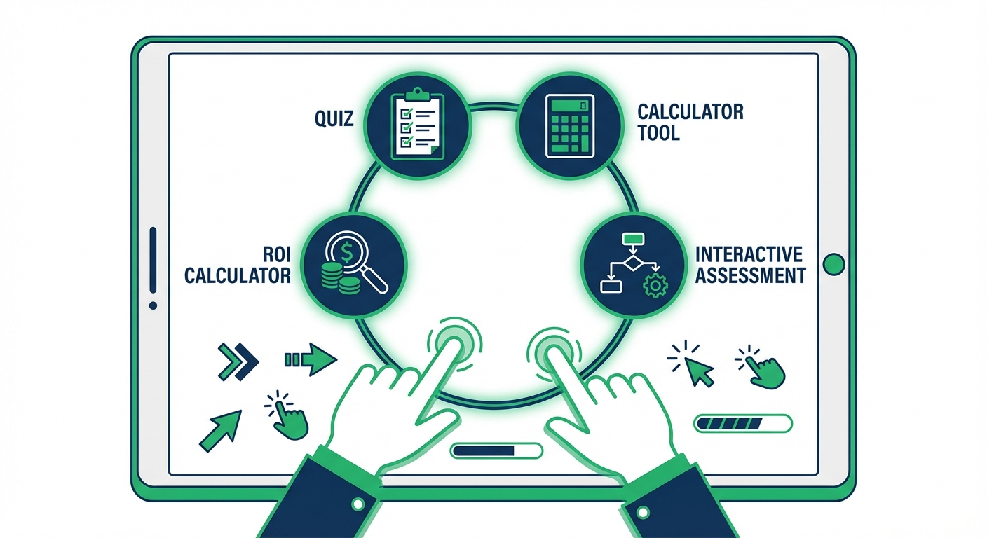 Interactive content types including quizzes, calculators, and assessments for lead capture
