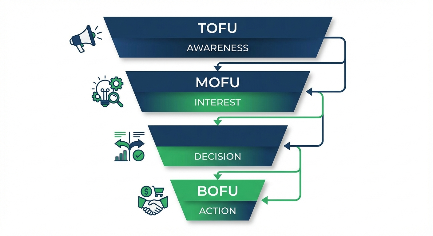 Lead generation marketing funnel showing TOFU, MOFU, and BOFU stages