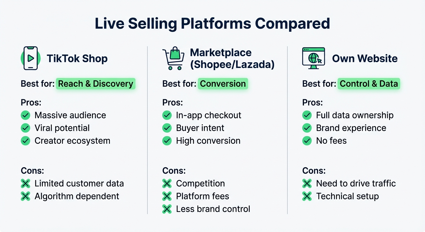 Live Selling Platforms Compared - TikTok Shop vs Marketplace vs Own Website infographic