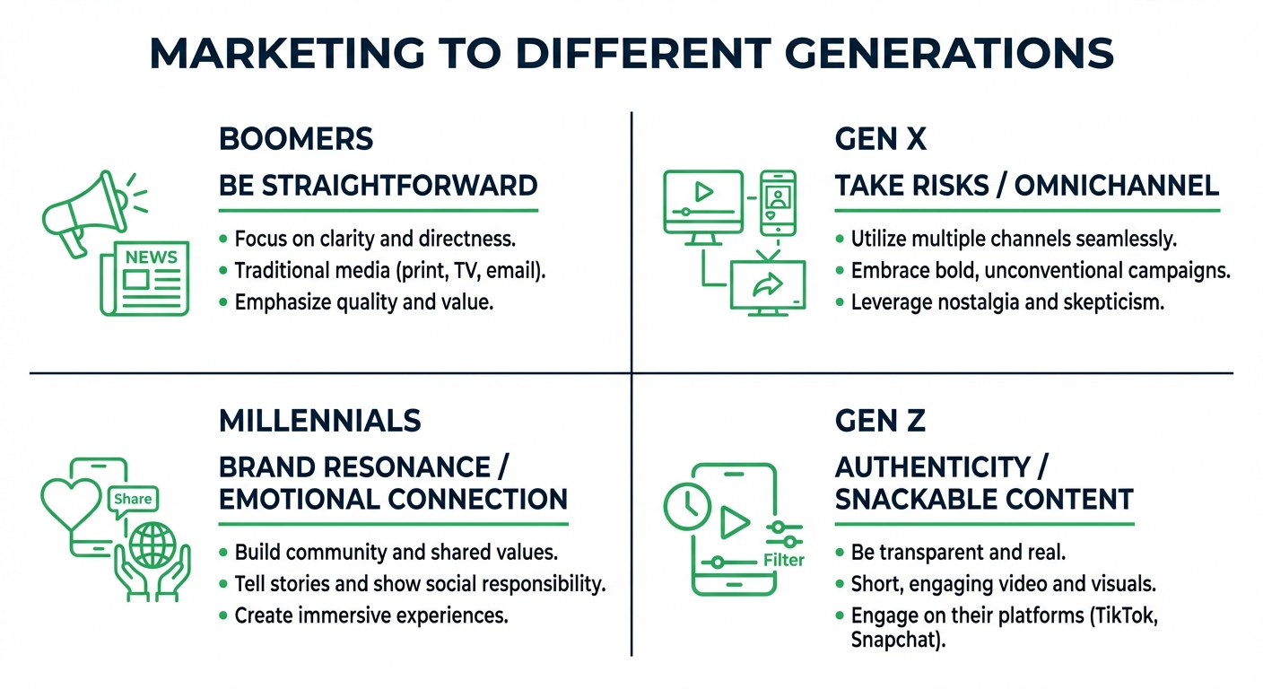 Marketing strategies by generation infographic - Boomers prefer straightforward messaging, Gen X values omnichannel, Millennials need brand resonance, Gen Z wants authenticity
