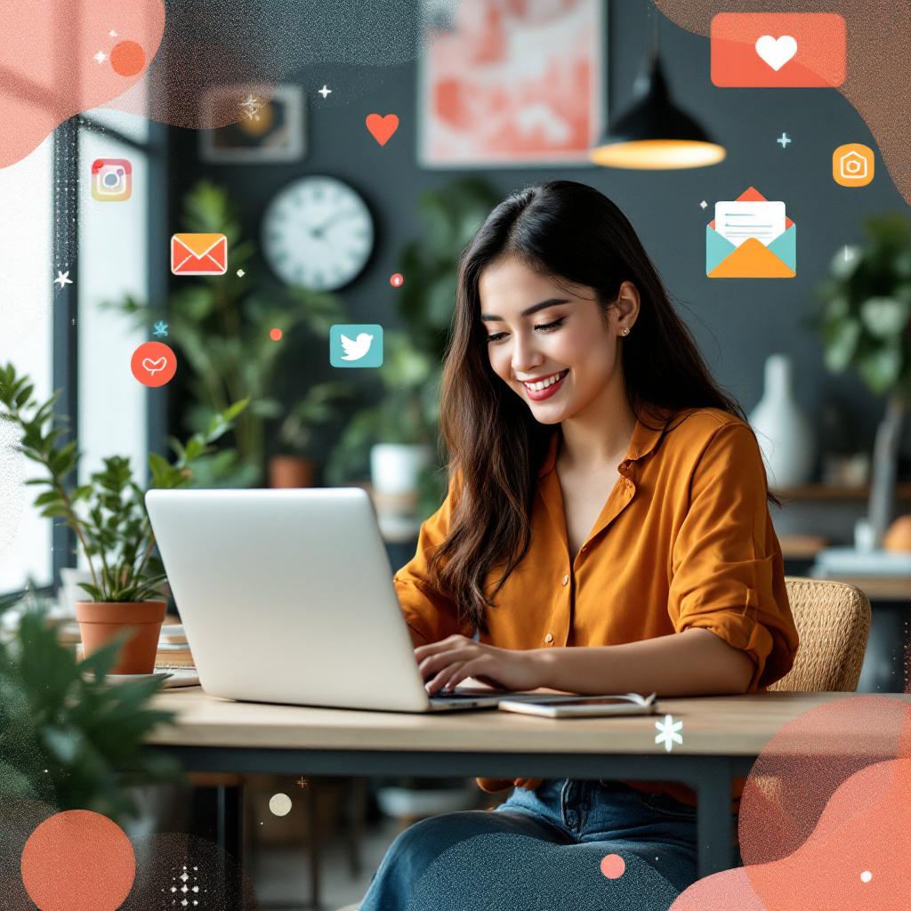 Filipino millennial professional working on laptop demonstrating digital marketing and online connectivity