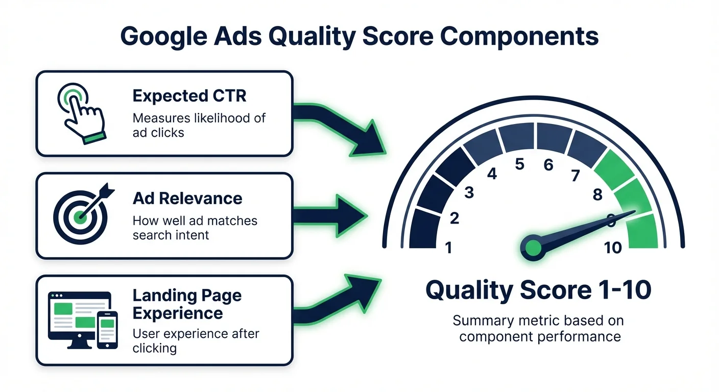Google Ads Quality Score components infographic - Expected CTR, Ad Relevance, and Landing Page Experience