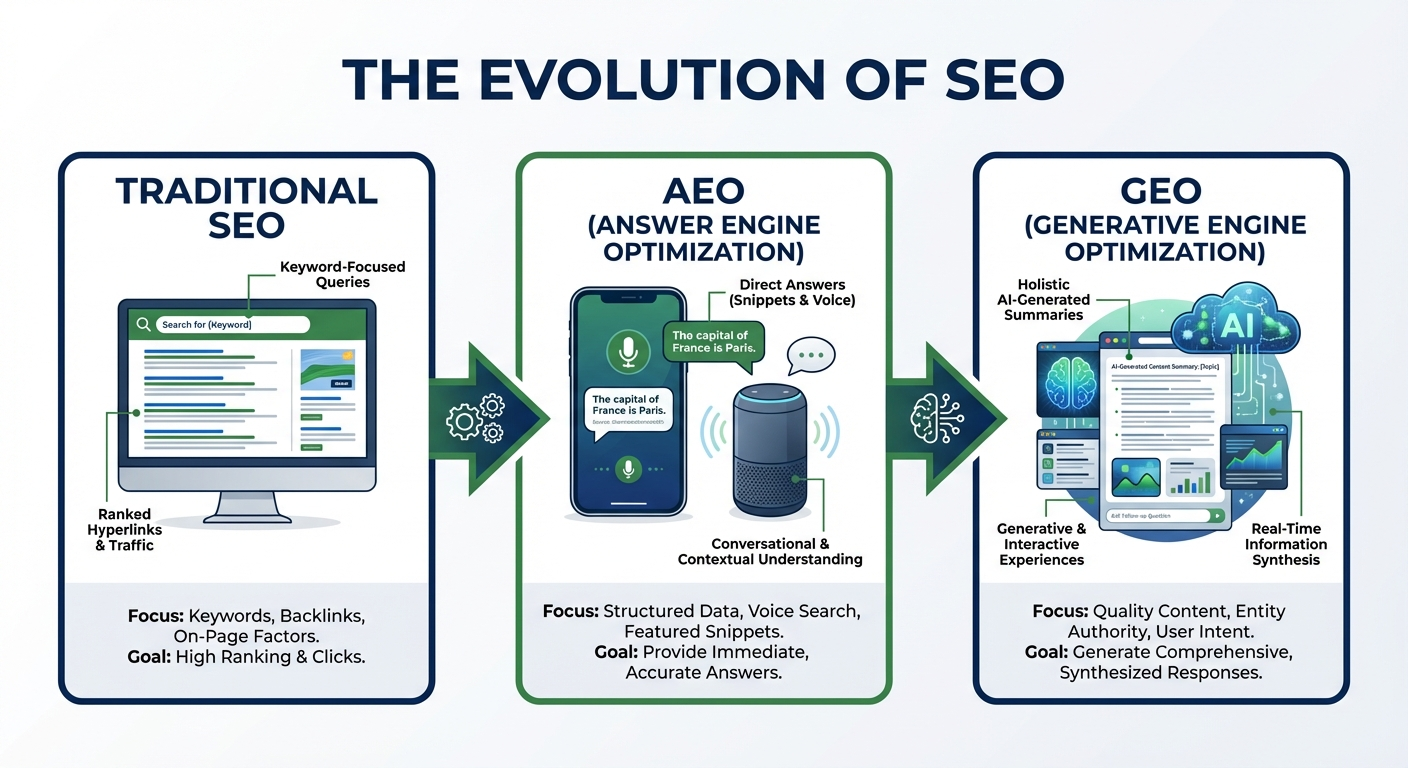 SEO vs AEO vs GEO - Evolution of Search Optimization