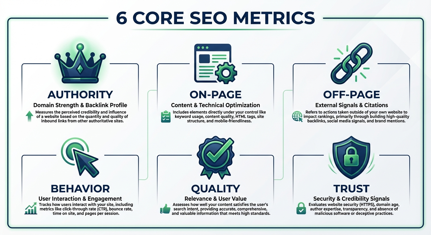 6 Core SEO Metrics - Authority, On-Page, Off-Page, Behavior, Quality, Trust