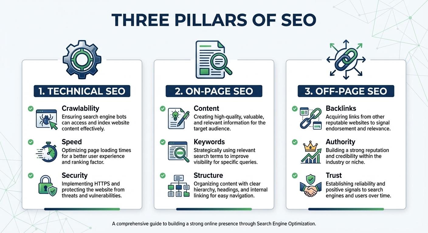 Three Pillars of SEO - Technical, On-Page, Off-Page