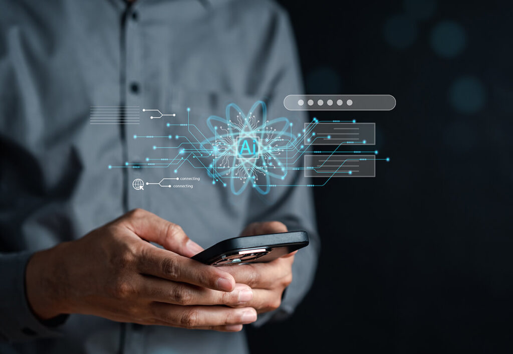 Hands Holding Smartphone with AI Concepts
