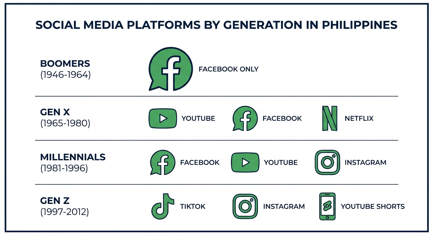 Social media platforms by generation infographic showing preferred channels for Boomers, Gen X, Millennials and Gen Z in the Philippines