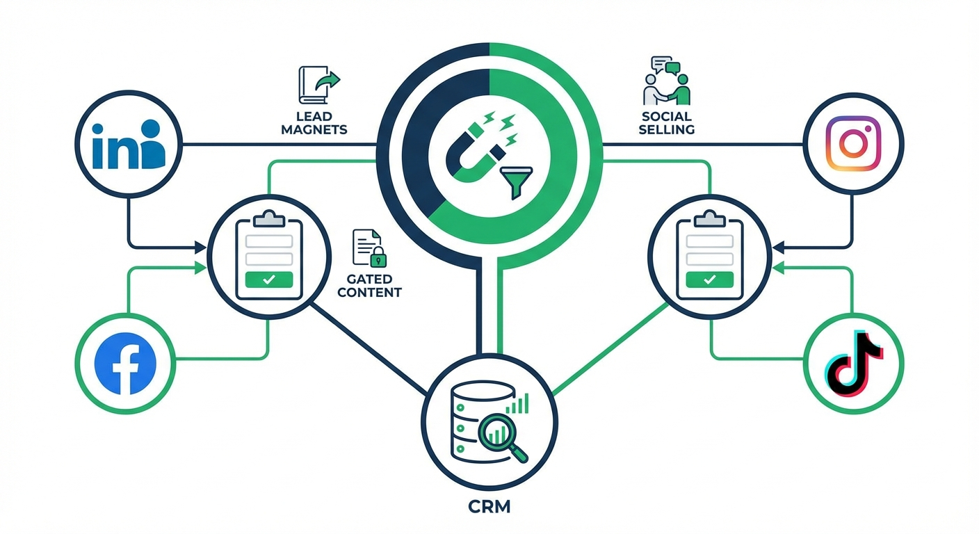 Social media platforms connected to lead generation and CRM systems