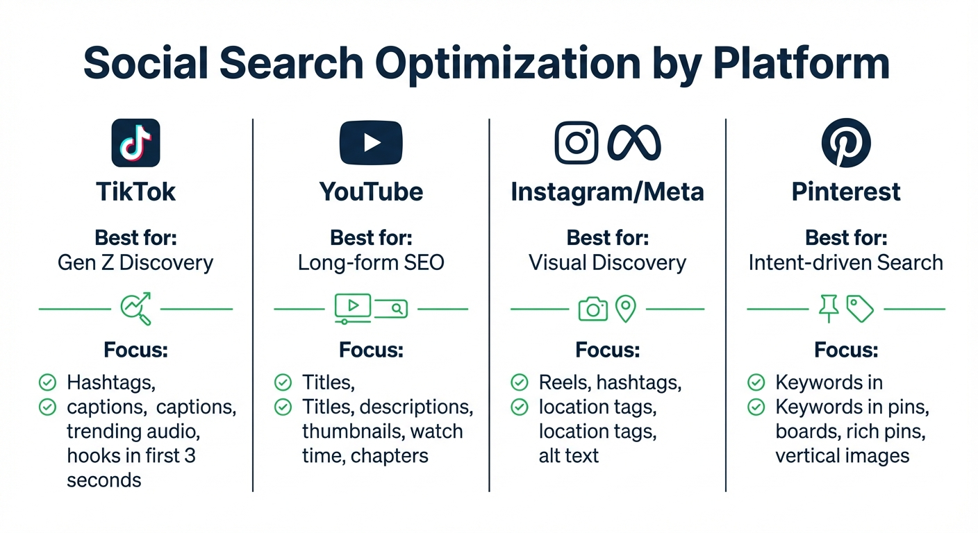 Social search optimization by platform - TikTok YouTube Instagram Pinterest comparison infographic