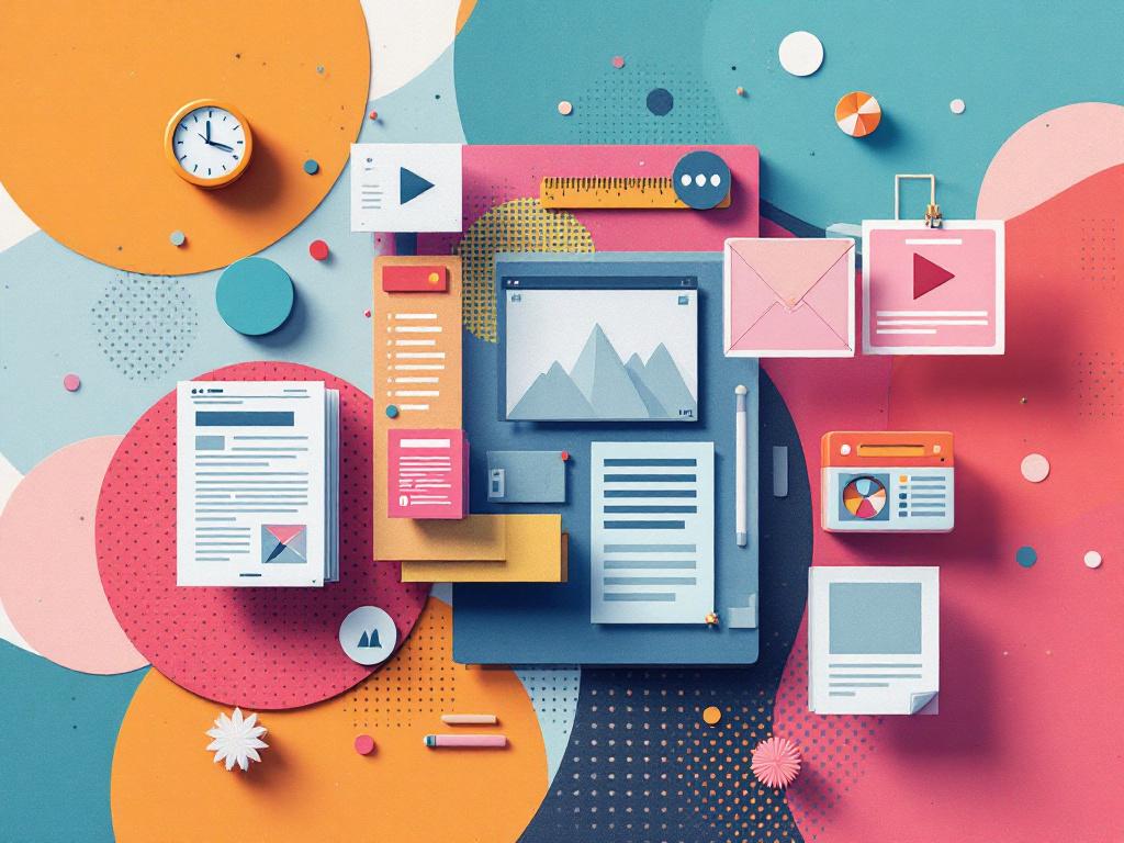 Content creation scene with articles and video frames