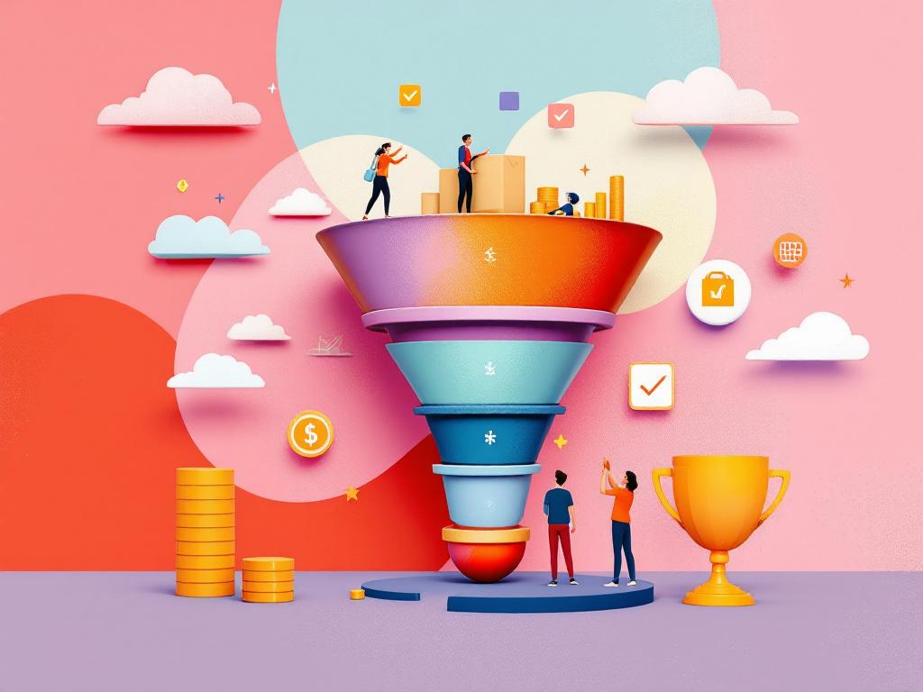 Conversion funnel concept with stages and checkout icons