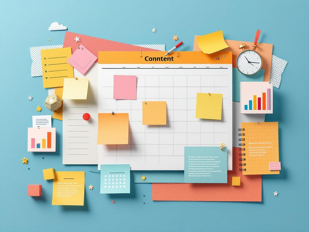 Content calendar planning scene with sticky notes and timeline bars