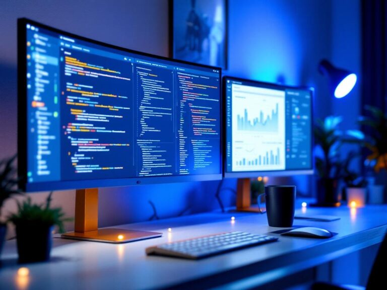 Technical SEO professional workspace with multiple monitors