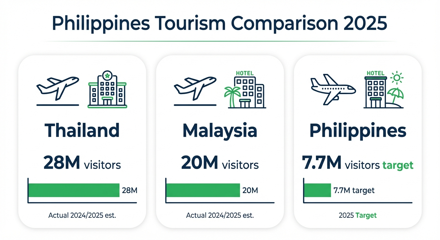 Philippines tourism comparison infographic showing visitor arrivals vs Thailand and Malaysia in Southeast Asia