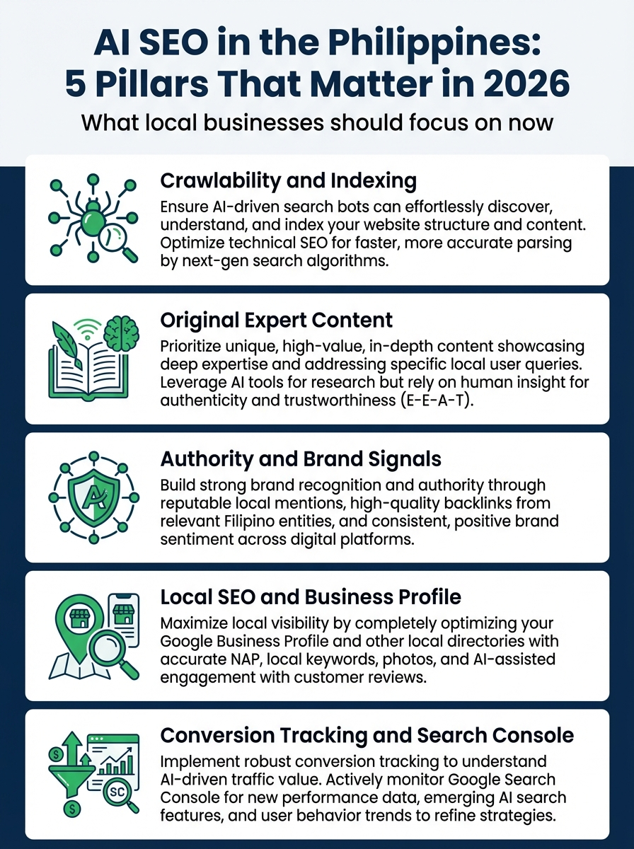 AI SEO in the Philippines infographic showing five pillars: crawlability, original content, authority, local SEO, and measurement