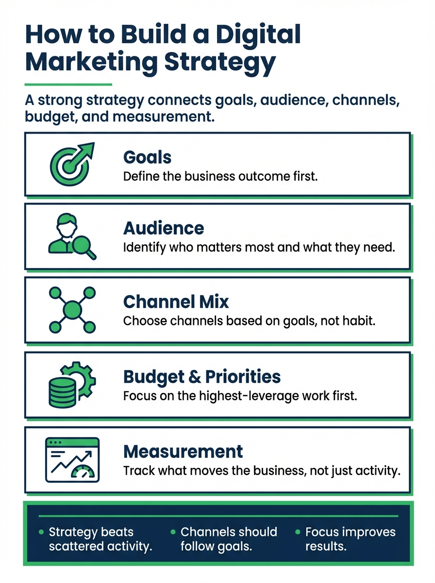 Infographic showing the five stages of building a digital marketing strategy: goals, audience, channel mix, budget and priorities, and measurement.