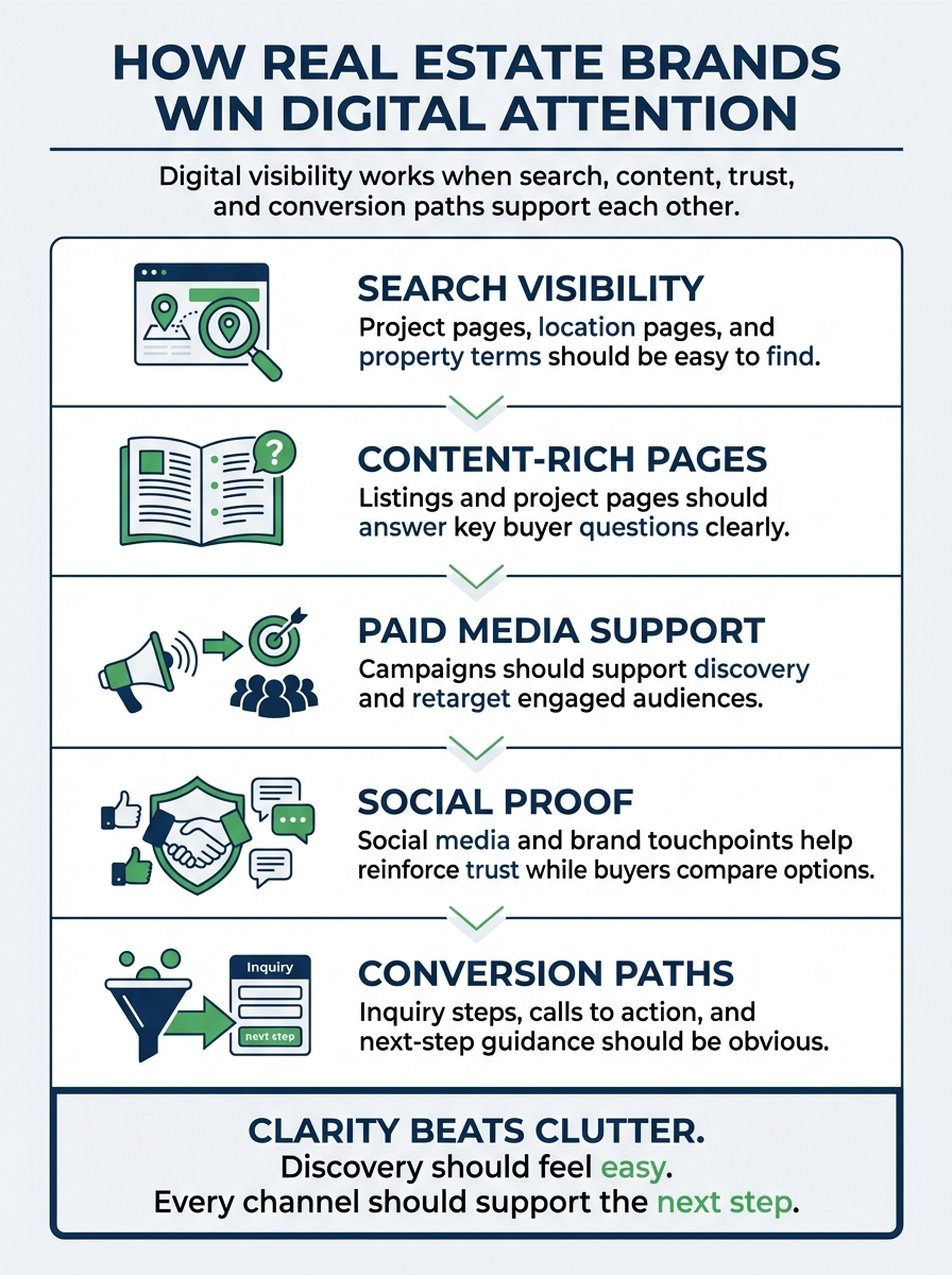 Infographic showing how real estate brands win digital attention through search visibility, content-rich pages, paid media support, social proof, and conversion paths.
