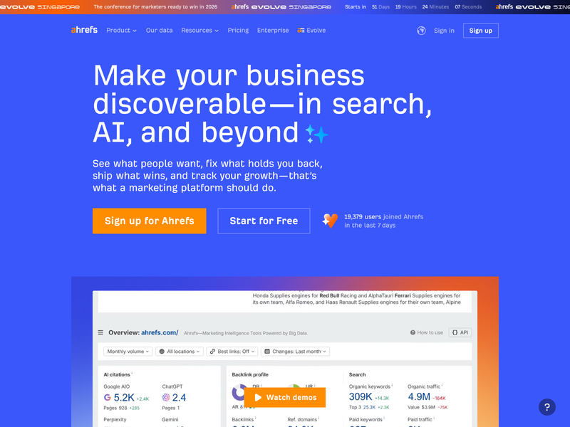 Ahrefs homepage used for SEO research and visibility analysis