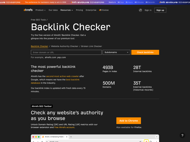 Screenshot of Ahrefs backlink checker interface.